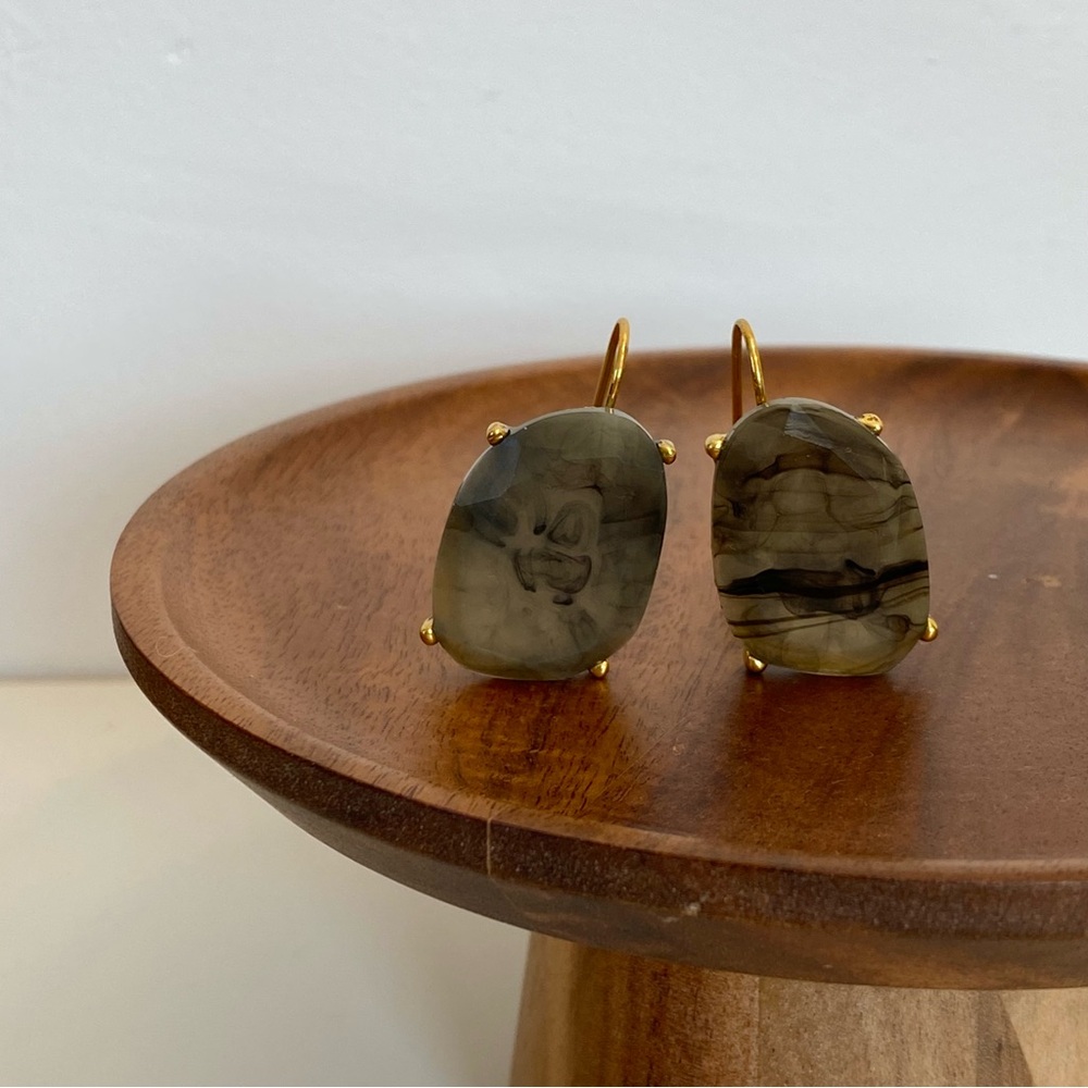 3/$20 Antique Gold Brass Green Marble Acrylic Stone Wired Hoop Earrings